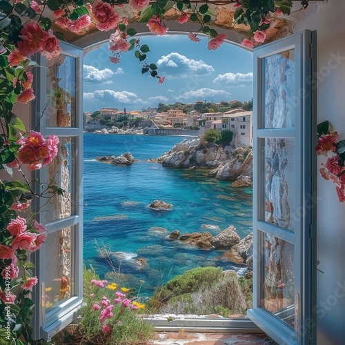 View of the Mediterranean Sea from the open window. Flowers overlooking the ocean and coastal towns. Picturesque coastal landscape. sea ​​view coastal resort，Breathtaking Mediterranean Coastal Land 