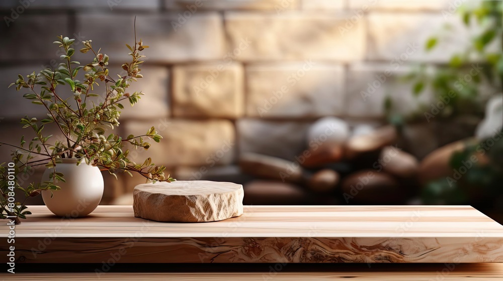 Wood podium product stand or display with cinematic light and blur background Wood podium product stand or display with cinematic light and blur background