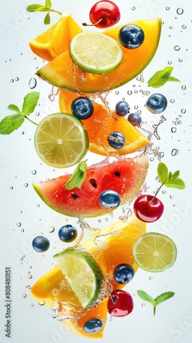 orange  blueberry  pineapple  melon slices  cherry  mint leaves  lime  flying