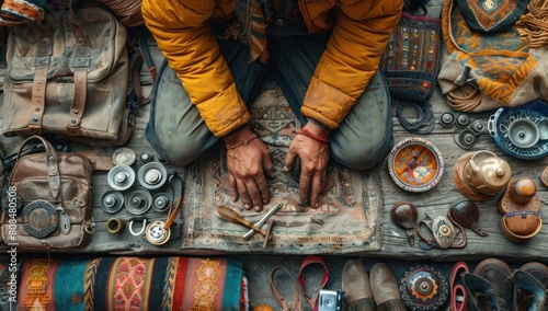 Showcase the resourcefulness of minimalist travel with detailed images of a traveler repairing their gear using traditional Tibetan techniques. photo