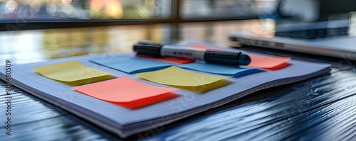 Closeup of sticky notes and a marker pen on an open notepad during a creative brainstorming session