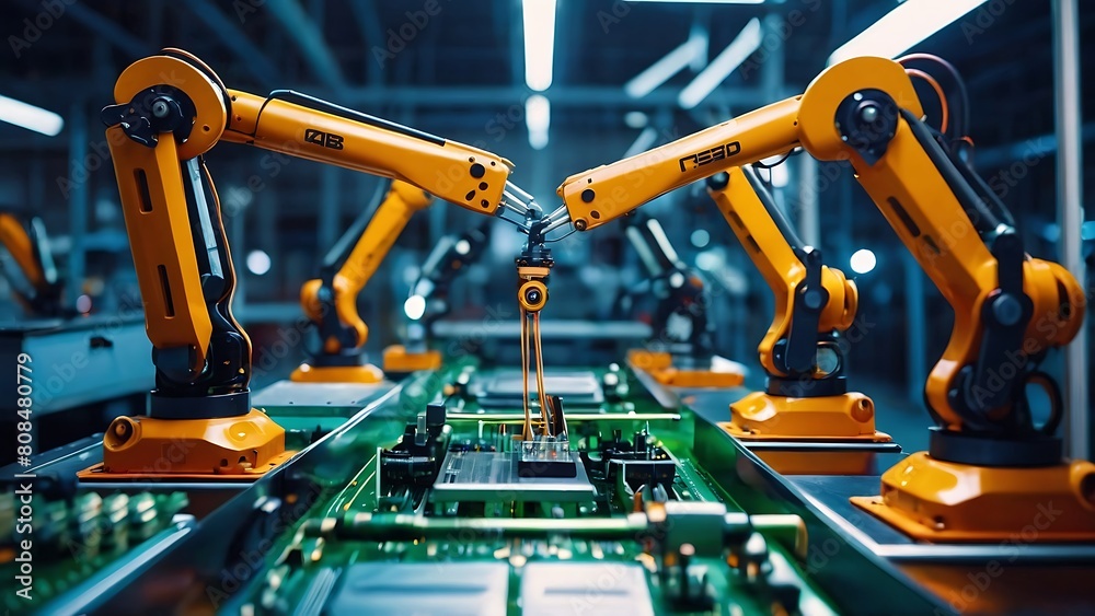 Modern Electronics Factory with Fully Automated PCB Assembly Line and Advanced High Precision Robot Arms Modern Electronics Factory with Fully Automated PCB Assembly Line and Advanced High Precision Robot Arms