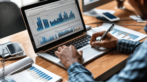 A business person at a desk typing on a laptop computer [business person working on laptop]