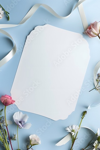 Graceful greeting card invitation isolated empty space adorned with elegant ribbon and flower decoration