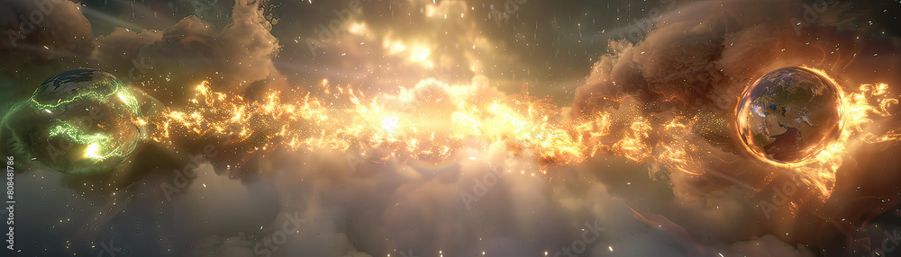 Dramatic depiction of two Earths clashing with vivid flames and energy sparks in a cosmic setting. Dramatic depiction of two Earths clashing with vivid flames and energy sparks in a cosmic setting.