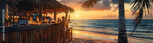 Silhouetted figures enjoy drinks at a beachside bar during a stunning sunset, with palm trees framing the colorful sky.