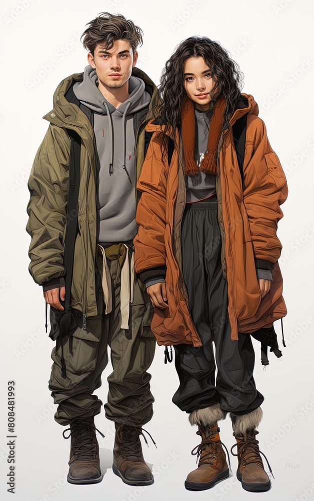 Couple of teenagers dressed in casual winter clothing and terracotta-colored winter parkas. Couple of teenagers dressed in casual winter clothing and terracotta-colored winter parkas.