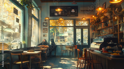 An empty Parisian street cafe with wrought-iron furniture bathed in warm evening light beckons diners for a leisurely meal photo