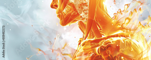 Artistic rendering of human anatomy with glowing orange highlights in a dynamic, abstract style.