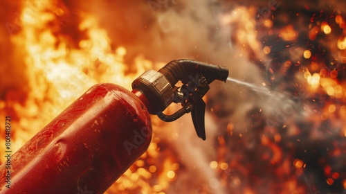 Firefighter's hand holding a fire extinguisher Available in case of emergency background fire damage. safety concept