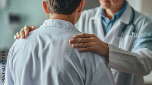 A doctor comforting a patient with a reassuring hand on their shoulder  providing emotional support during a difficult moment.