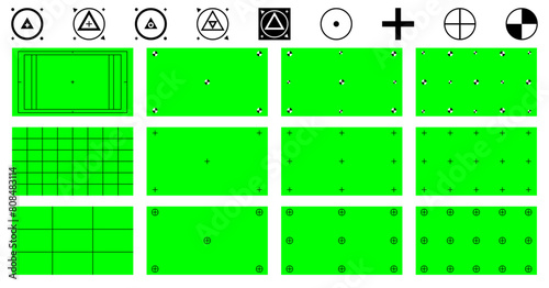 Set of green screen background. VFX motion tracking markers. Art design green screen backdrop template. Concept video footage replacement tracking markers element. Vector illustration.