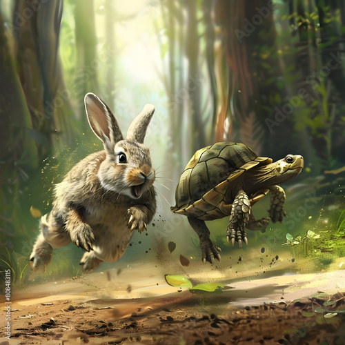 tortoise leading in a hare race in strategy and leadership concept. Grunge Turtle and Hare Race. tortoise leading in a hare race in strategy and leadership.