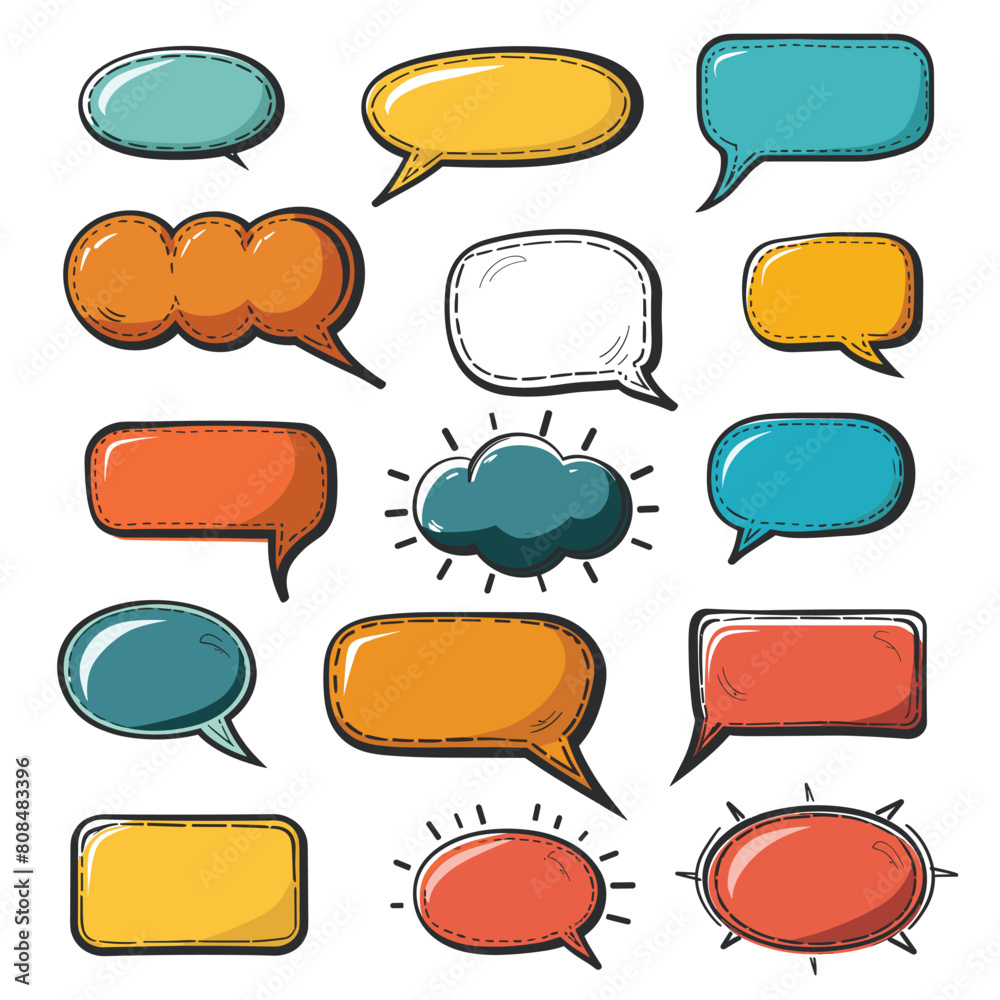 Collection colorful speech bubbles different shapes, comic book conversation dialog elements. Variety blank message balloons graphics. Handdrawn cartoon communication chat balloons