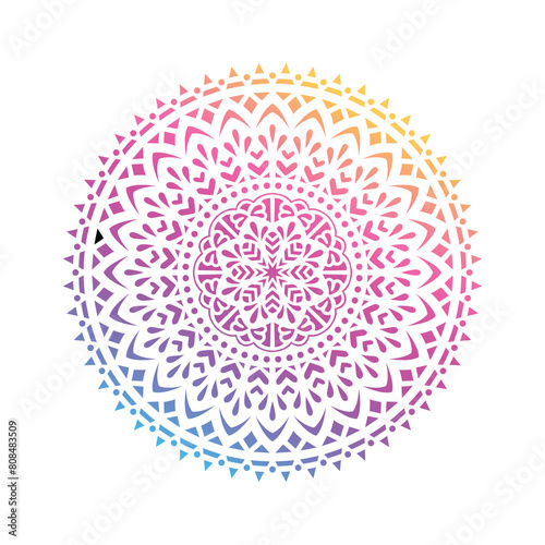 Round gradient mandala on white isolated background. Vector boho mandala in green and pink colors. Mandala with floral patterns. Yoga template