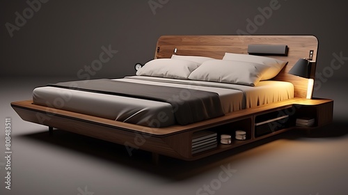 A modern wooden bed frame with built-in USB ports and charging stations, catering to tech-savvy sleepers photo