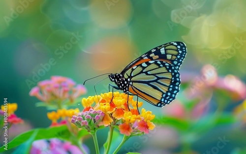 Beautiful images in nature of monarch butterflies on lantana flowers, very beautiful view