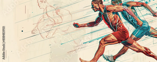 Wallpaper Mural Artistic representation of a human sprinter in motion, featuring detailed muscular anatomy overlaid with schematic line drawings. Torontodigital.ca