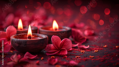 burning candle and rose petals  Diwali lamps with flowers on festive red background