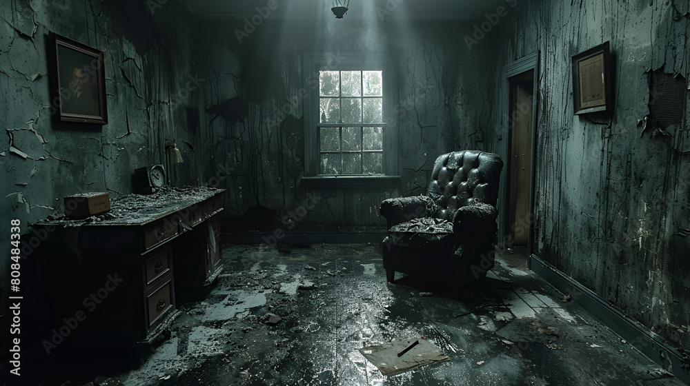old abandoned house,
A dark room with a desk and a chair 