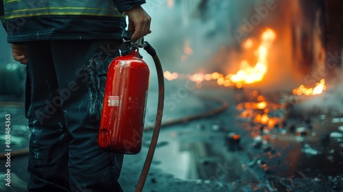 Firefighter's hand holding a fire extinguisher Available in case of emergency background fire damage. safety concept