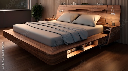 A modern wooden bed frame with built-in USB ports and charging stations, catering to tech-savvy sleepers photo