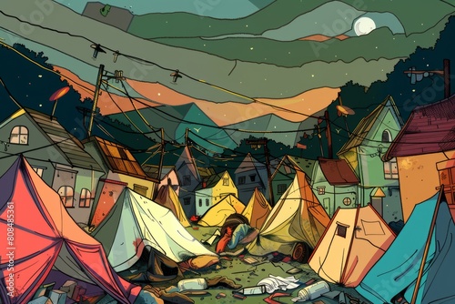 Cartoon cute doodles of a cozy village, shaken by a series of aftershocks following a major earthquake, with residents sleeping tents, Generative AI photo