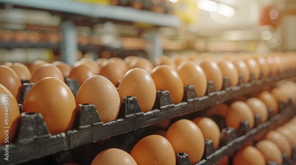 Shot of eggs in an egg factory. The focus is on closeups of fresh brown eggs lined up neatly against their cartons. emphasizing eco-friendly production practices Shot of eggs in an egg factory. The focus is on closeups of fresh brown eggs lined up neatly against their cartons. emphasizing eco-friendly production practices