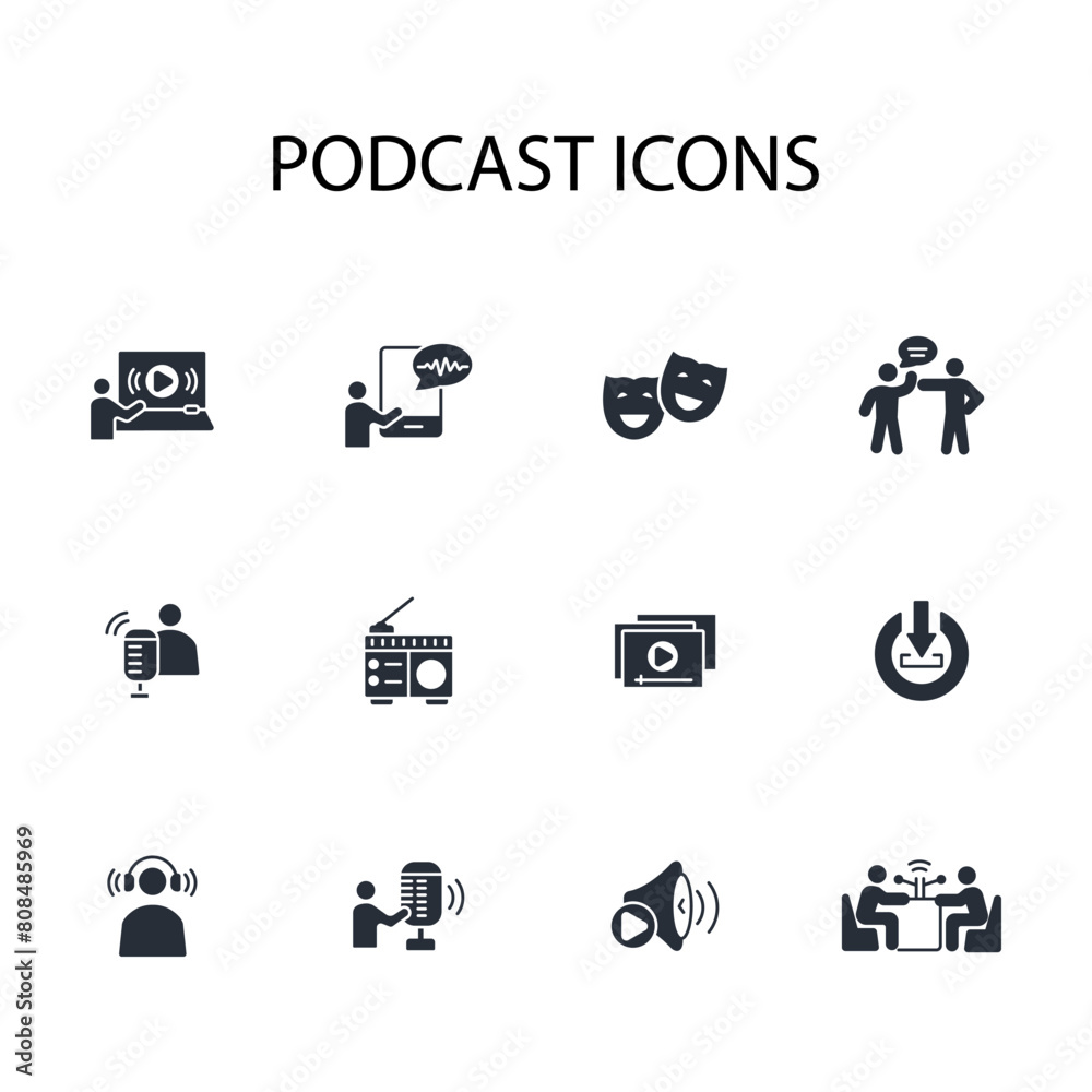 Podcast icon set.vector.Editable stroke.linear style sign for use web design,logo.Symbol illustration.