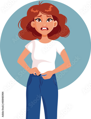 Woman on a Diet Trying to Close her Pants Vector Illustration. Stressed girl with post-partum body not fitting in old jeans
