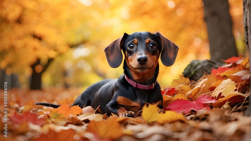 A mischievous dachshund, peeking out from behind a pile of colorful autumn leaves, its long body and short legs adding to its adorable charm.