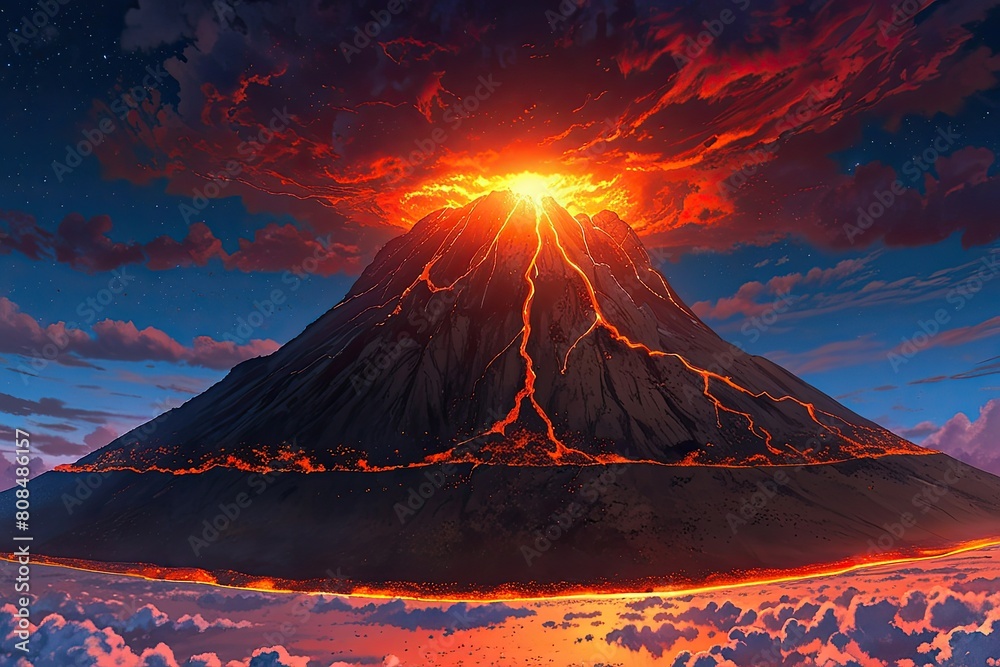 A majestic volcanic peak, snow-capped and kissed by a fiery sunset, dominates the dramatic Asian landscape