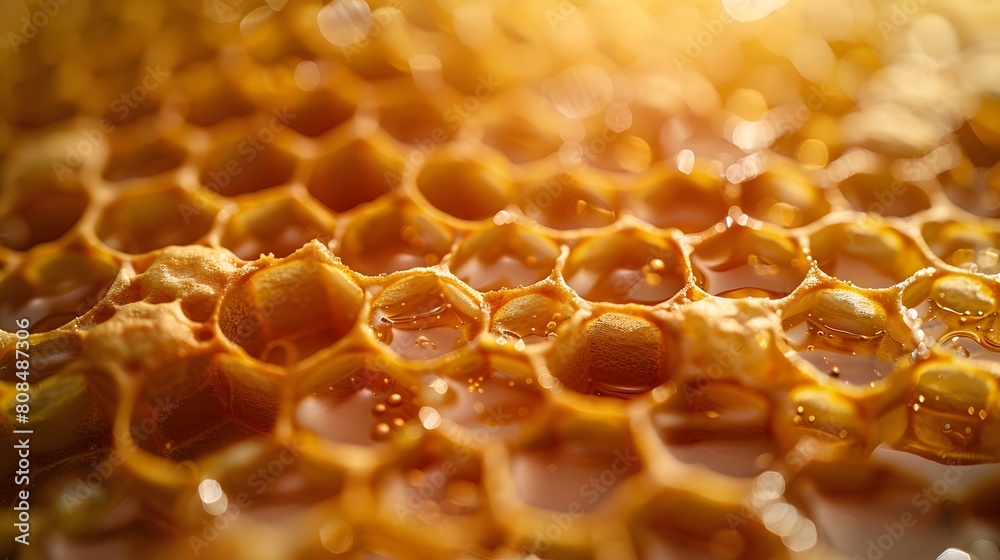 Honeycomb, with the texture and structure of each cell clearly visible. The background is blurred to highlight the focus on the bee hive's unique pattern.