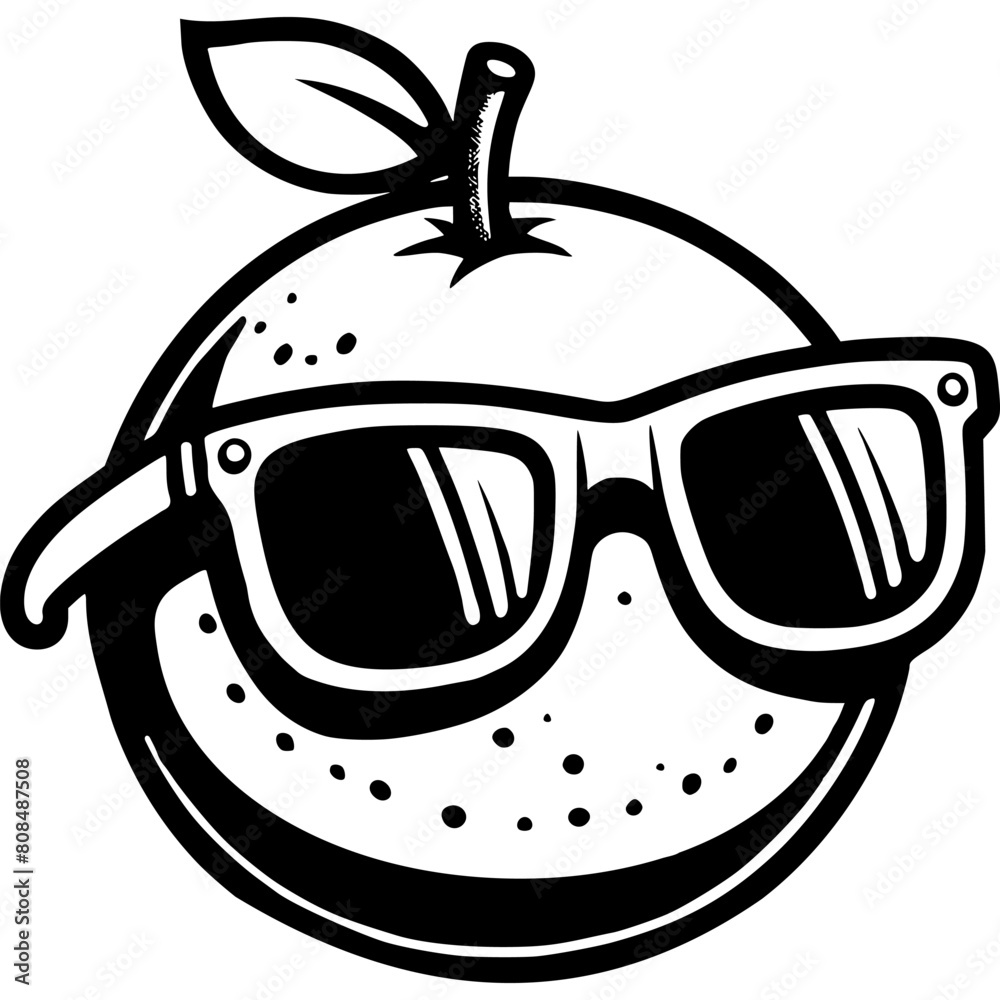 Orange hipster in sunglasses in monochrome. Fashionable fruit character. Simple minimalistic vector in black ink drawing on transparent background