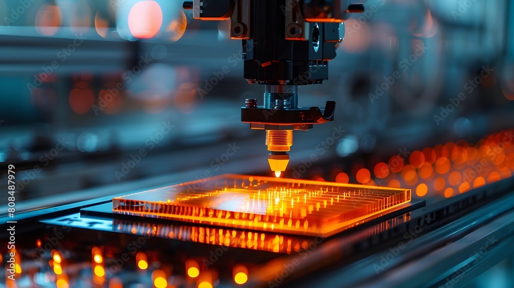 An advanced vertical micro processing machine in action, with glowing orange light on the base. high-tech precision at work in innovative. An advanced vertical micro processing machine in action, with glowing orange light on the base. high-tech precision at work in innovative.