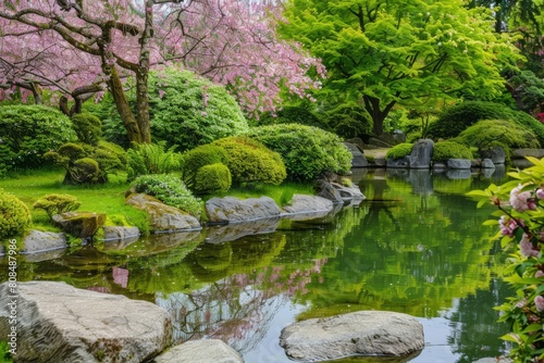 A serene Japanese garden adorned with lush greenery  tranquil ponds  and vibrant cherry blossoms in full bloom  Generative AI