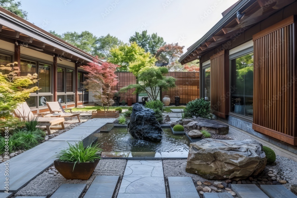 A traditional courtyard garden surrounded by wooden shoji screens, featuring a bubbling stone fountain, a karesansui dry landscape garden, Generative AI