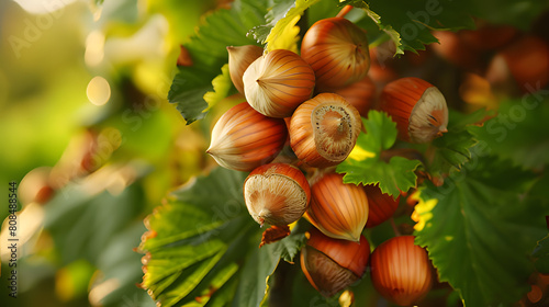 hazelnuts and leaves on the ground. Generative AI