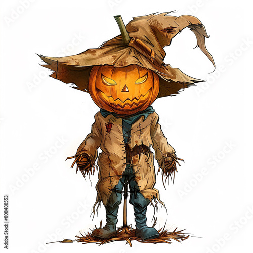 Harvest scarecrow dressed in a canvas trench coat and straw hat with a jack-o-lantern head isolated on a white background.
