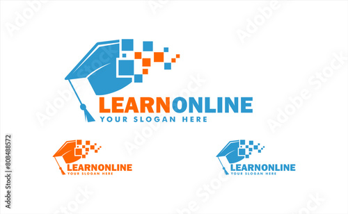 learning education online vector logo design template with hat and pixel icon