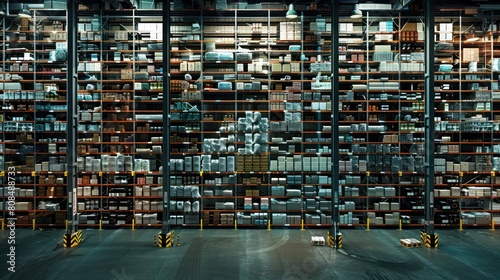  vast, modern warehouse filled with towering shelves stacked high with goods from around the world, capturing the scale and efficiency of global logistics. 