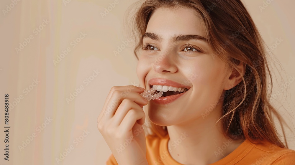 Close up cropped young happy woman wear orange shirt casual clothes hold in hand invisible transparent aligners, invisalign bracer isolated on plain pastel light beige background. copy space for text. Close up cropped young happy woman wear orange shirt casual clothes hold in hand invisible transparent aligners, invisalign bracer isolated on plain pastel light beige background. copy space for text.