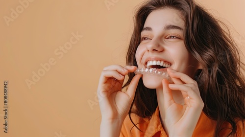 Close up cropped young happy woman wear orange shirt casual clothes hold in hand invisible transparent aligners, invisalign bracer isolated on plain pastel light beige background. copy space for text.