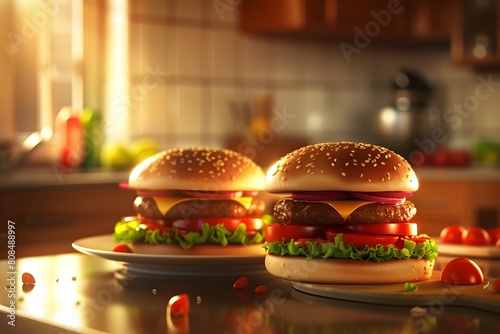 Dos deliciosas hamburguesas  con queso, carne, jitomate y lechuga  sobre la mesa de una cocina photo