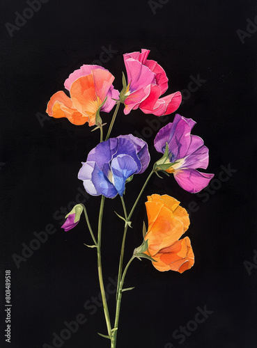 water color painting of a small bouquet of sweet pea flowers and stems on a plain black background.