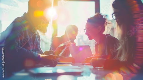 Diversity, tablet and teamwork at agency for discussion with lens flare, internet and web design. copy space for text.