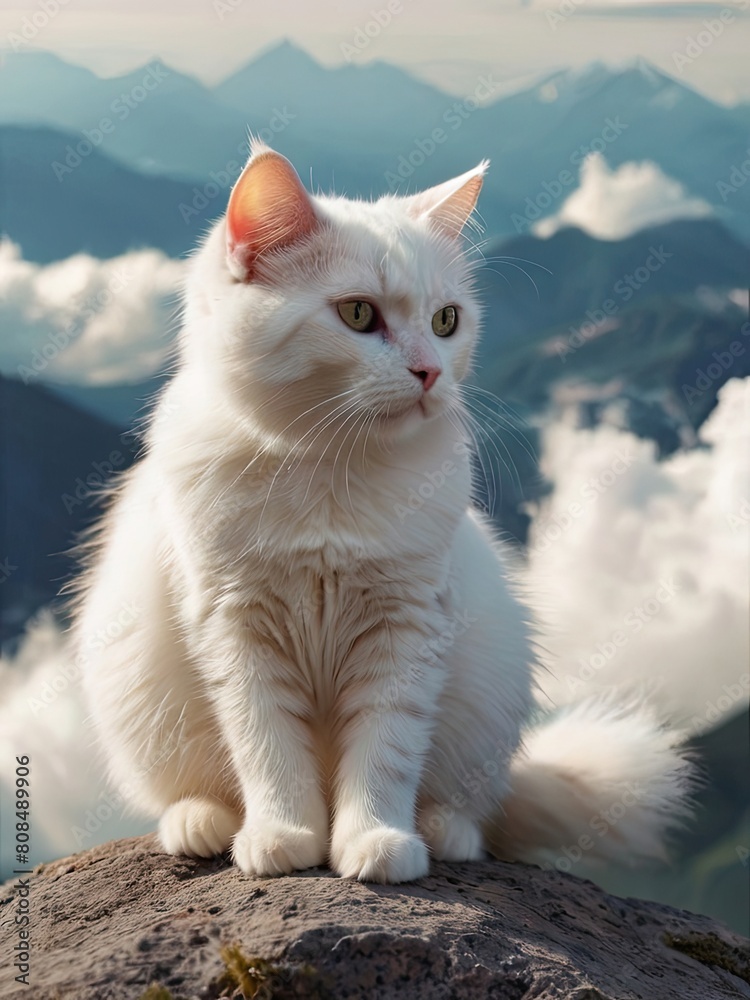 A curious white cat perched on a snowy roof, gazing out at the winter wonderland A curious white cat perched on a snowy roof, gazing out at the winter wonderland