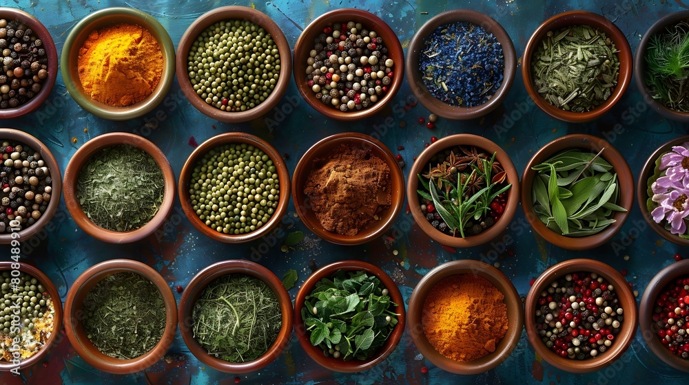 A colorful display of various spices and herbs arranged in small bowls on an background, the diversity and beauty. A colorful display of various spices and herbs arranged in small bowls on an background, the diversity and beauty.