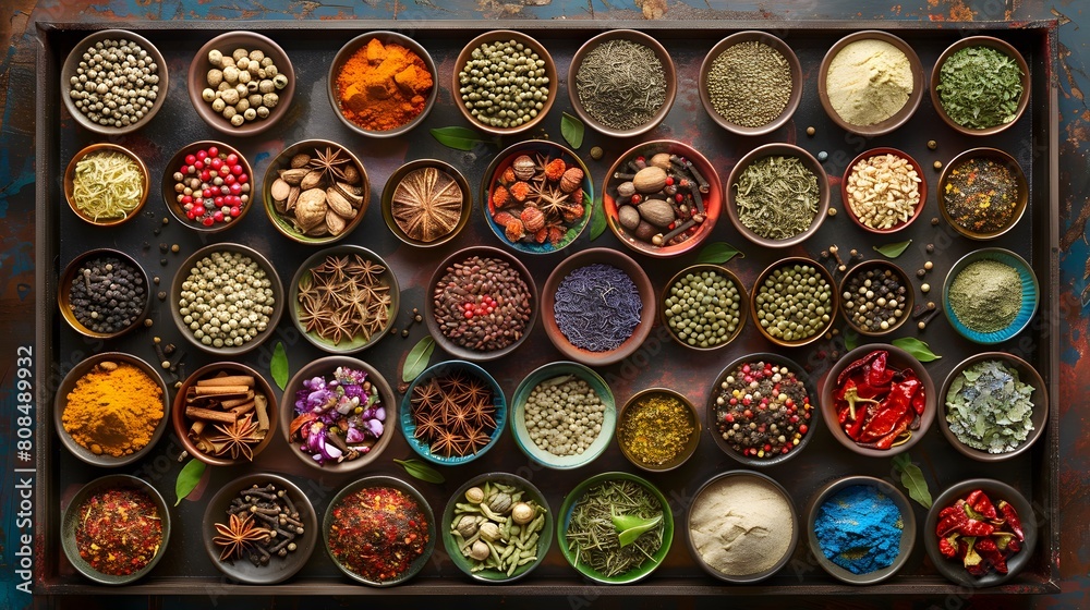 A colorful display of various spices and herbs arranged in small bowls on an background, the diversity and beauty. 