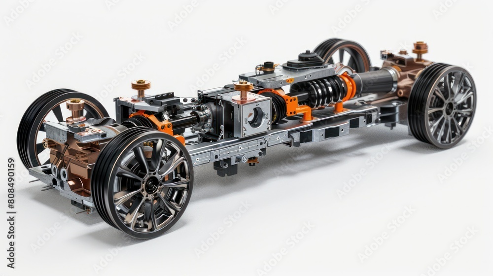 cross-section of an electric vehicle's drivetrain, showing the integration of the electric motor, transmission, and axles. cross-section of an electric vehicle's drivetrain, showing the integration of the electric motor, transmission, and axles.